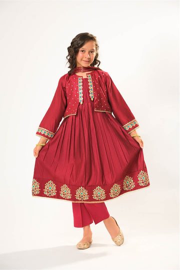Kids formal clothes | Maroon & Gold | Formal 3 Piece Suit | Viscose Chambray Katan | KDD-03070